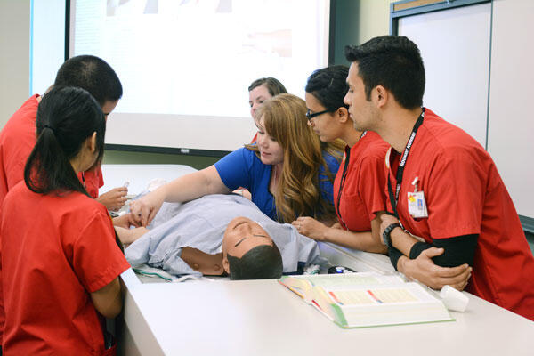 Nursing students working on a CPR dummy